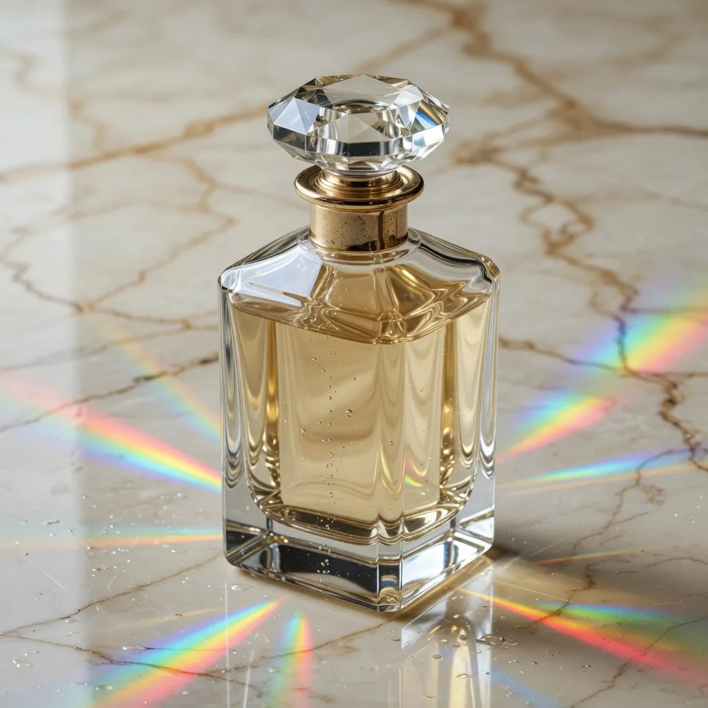 Photoreal glass perfume bottle on marble