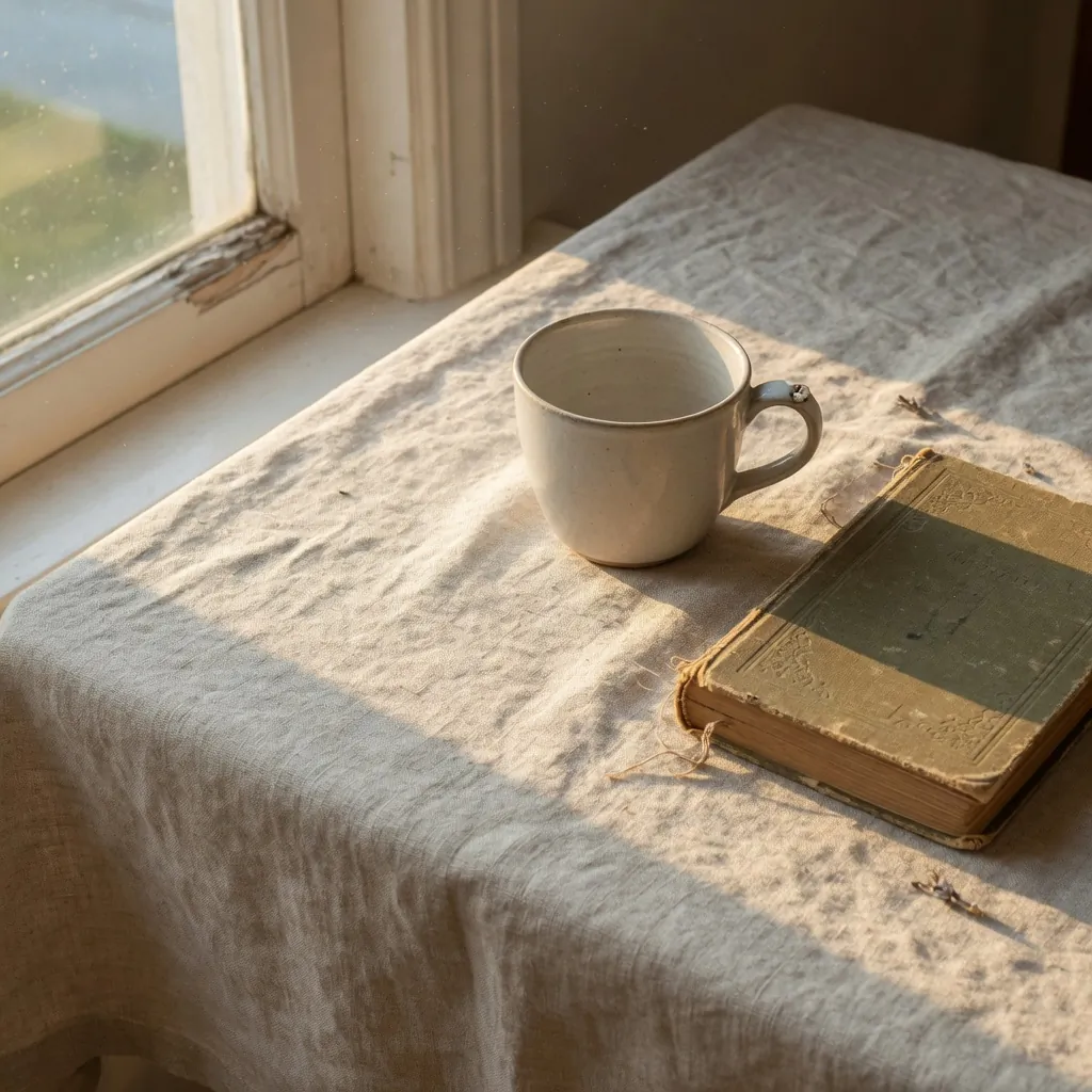 Photoreal still life of a cup and book by a window